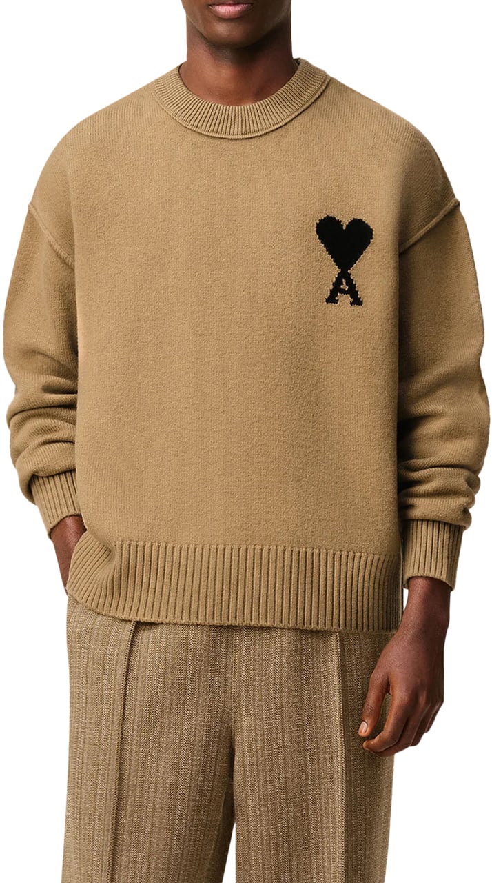 AMI Paris AMI DE COEUR FELTED WOOL CREWNECK DARK BEIGE Beige