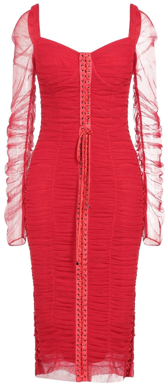 Dolce & Gabbana Dolce & Gabbana Silk Ruched Tulle Midi Dress Rood