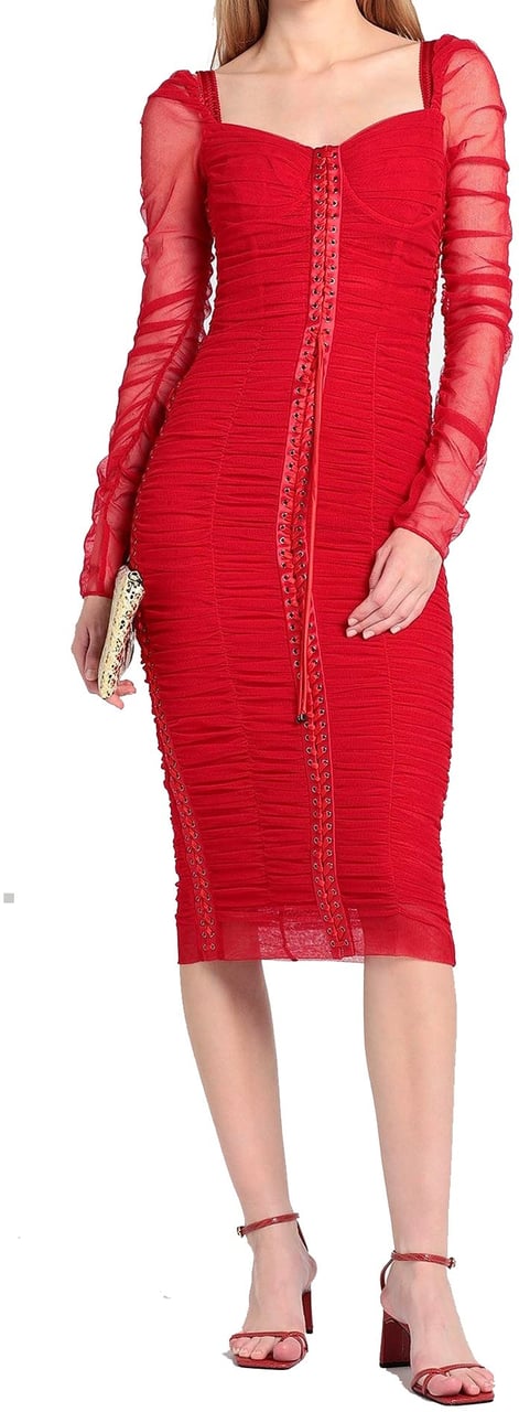 Dolce & Gabbana Dolce & Gabbana Silk Ruched Tulle Midi Dress Rood