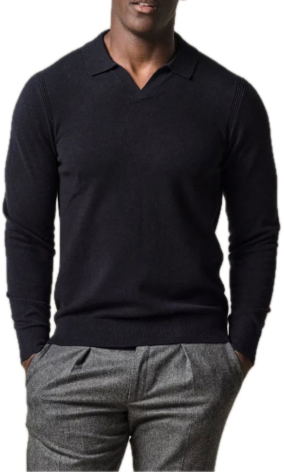 Profuomo Navy wol blend open kraag polo Blauw