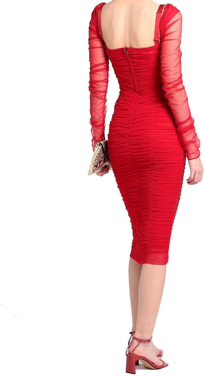 Dolce & Gabbana Dolce & Gabbana Silk Ruched Tulle Midi Dress Rood