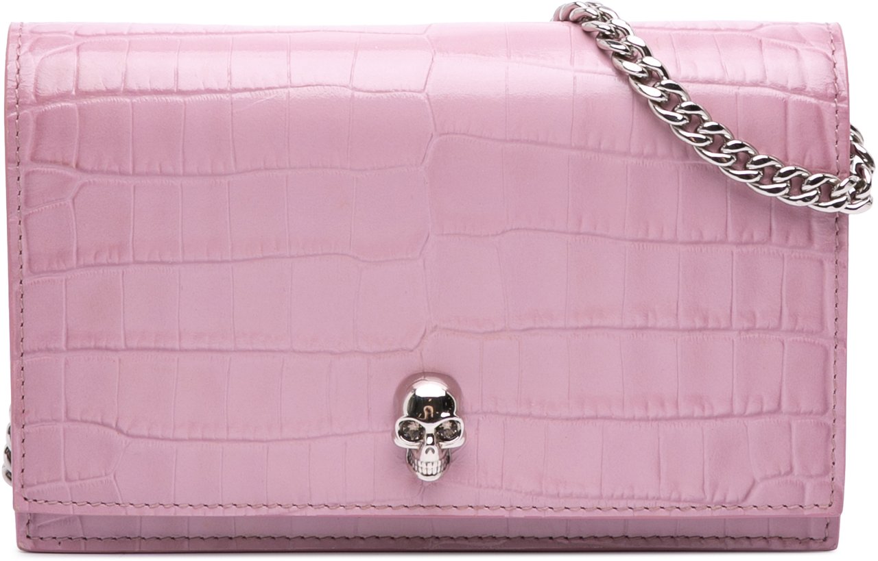Alexander McQueen Small Crocodile Embossed Calfskin Skull Crossbody Roze