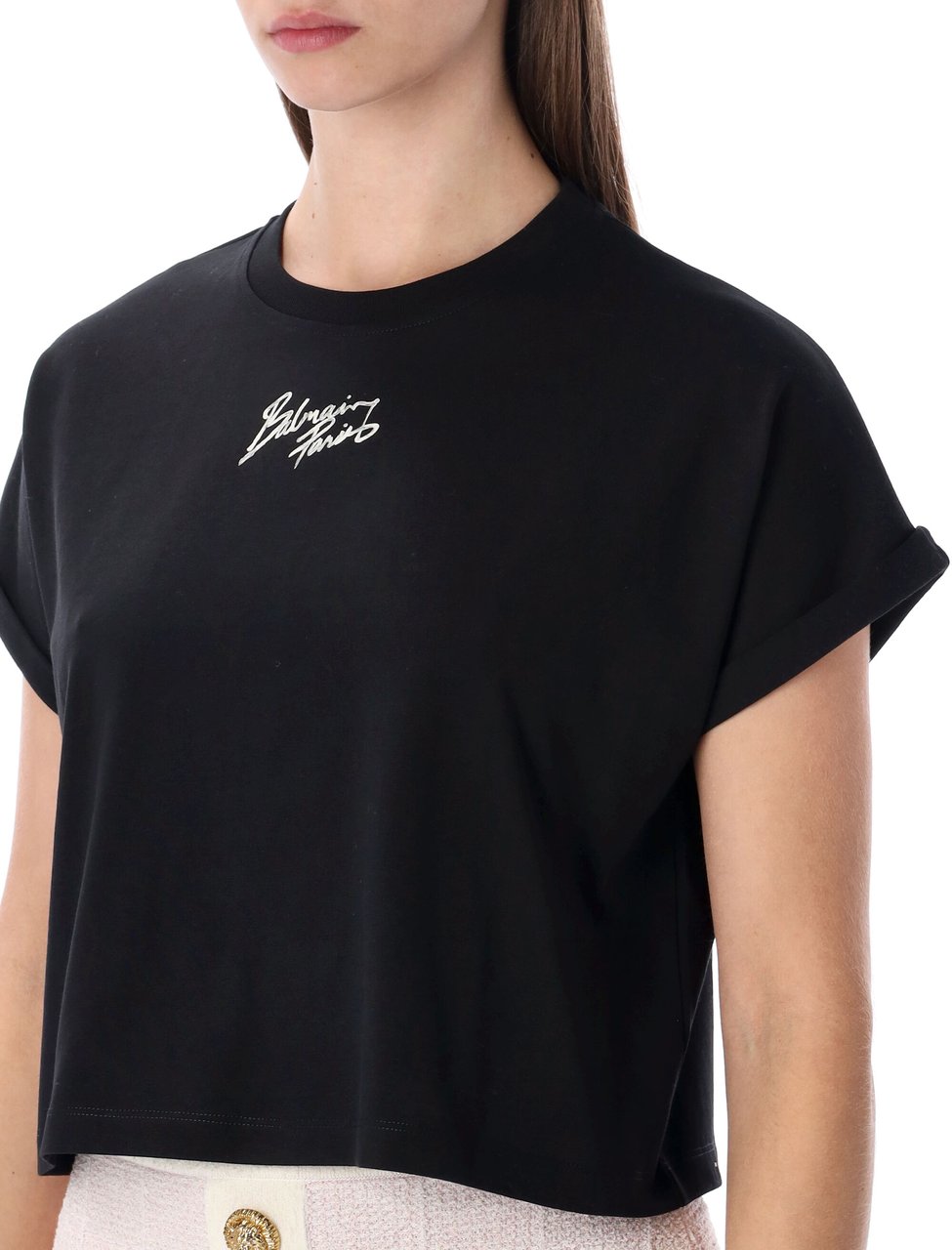 Balmain Cropped Tshirt Paris Nero Zwart