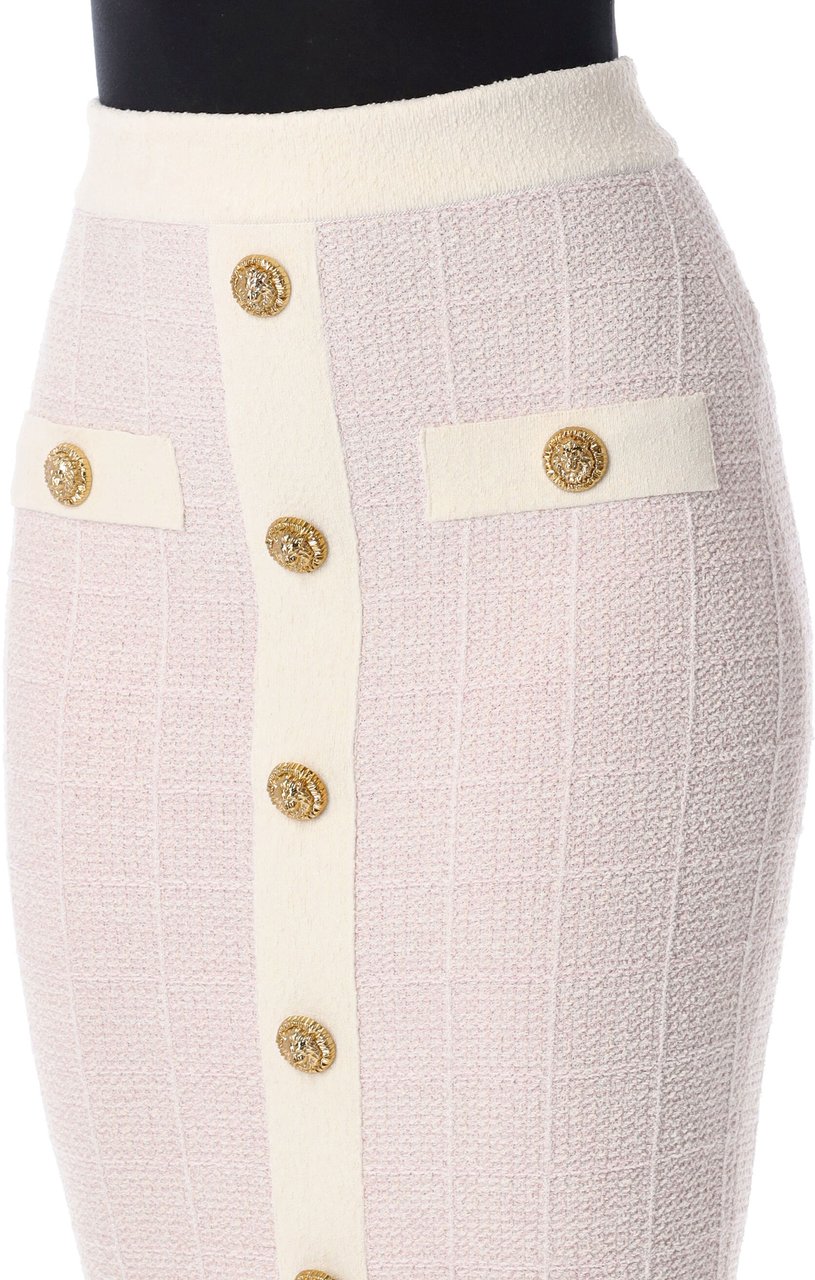 Balmain Long Buttoned Tweed Skirt Rosa Roze