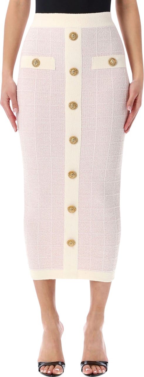 Balmain Long Buttoned Tweed Skirt Rosa Roze
