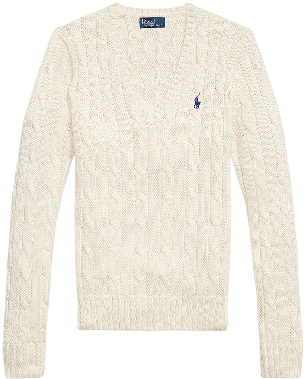 Ralph Lauren V-hals kabeltrui ecru Neutraal
