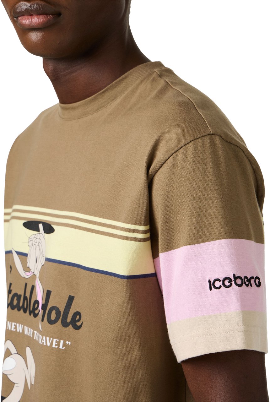 Iceberg Green background striped cotton jersey T-shirt in a relaxed fit with Portable Hole print Beige