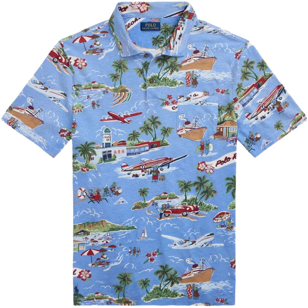 Ralph Lauren Surf Bear Linen Cotton Polo Shirt Blauw