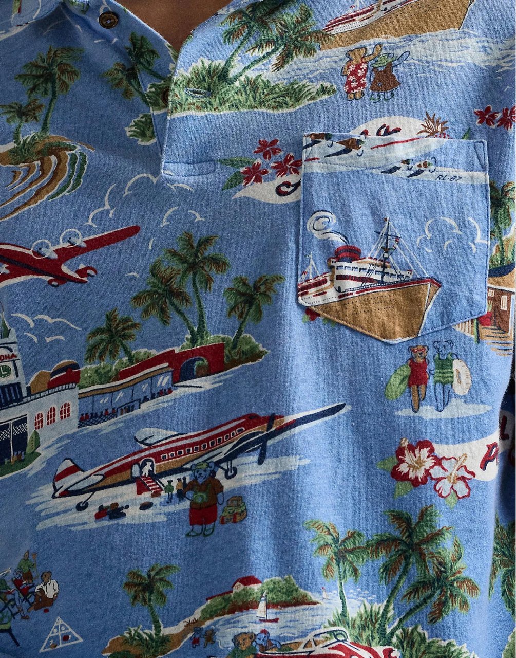 Ralph Lauren Surf Bear Linen Cotton Polo Shirt Blauw