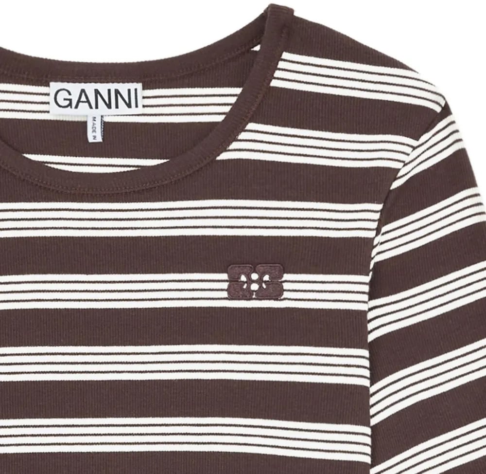 Ganni t-shirt streep bruin wit Bruin