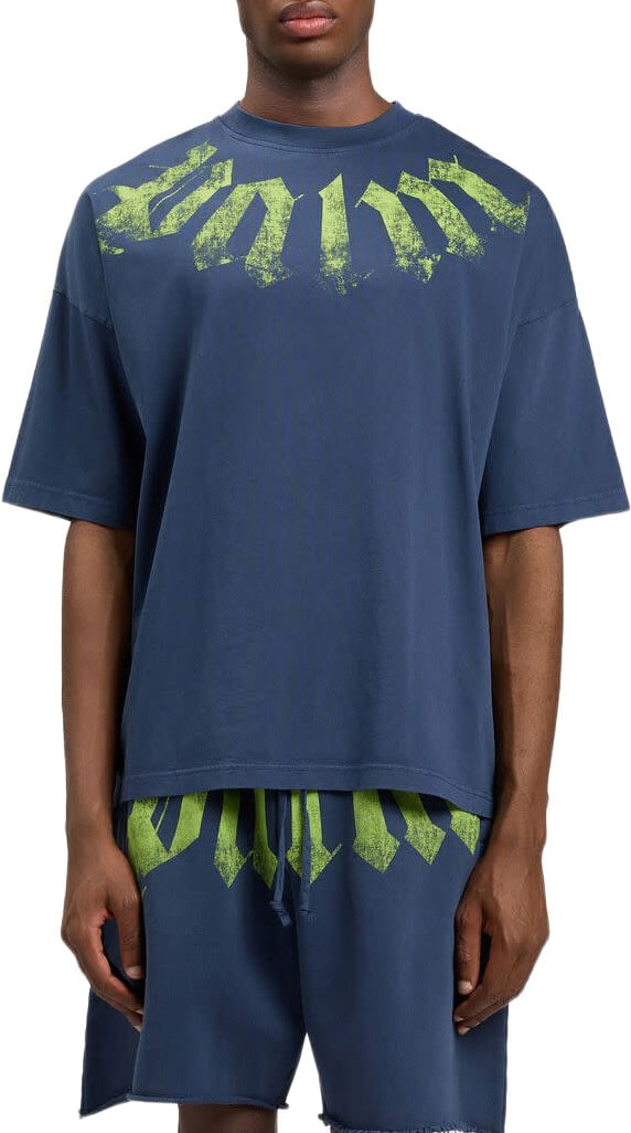 Palm Angels Big Neck Logo Loose Tee Blue Lime Blauw