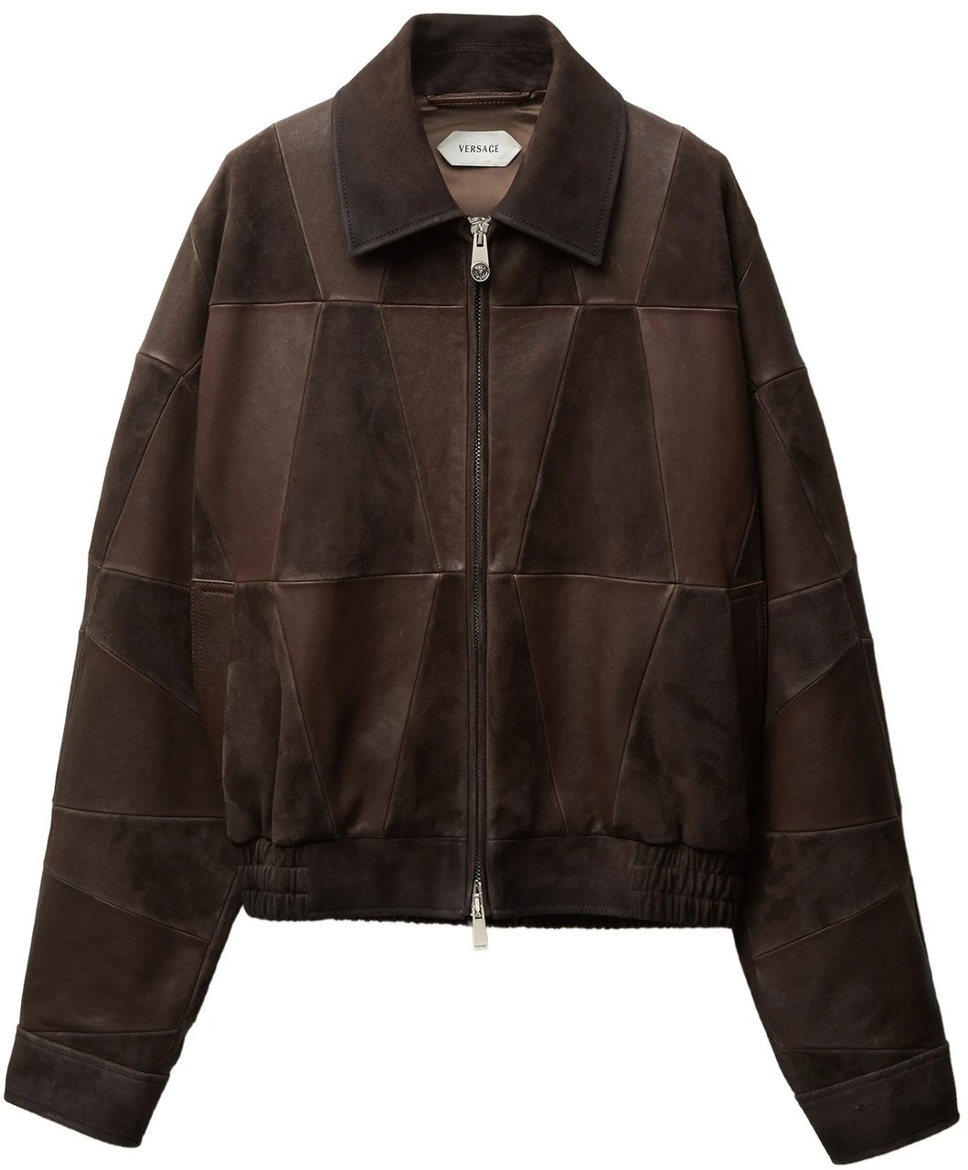 Versace Brown Blouson Leather Patchwork Cropped Jacket Zwart