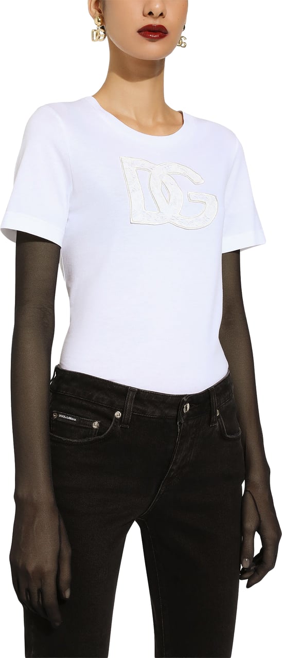 Dolce & Gabbana Fitted White Cotton Jersey Lace T-Shirt Wit