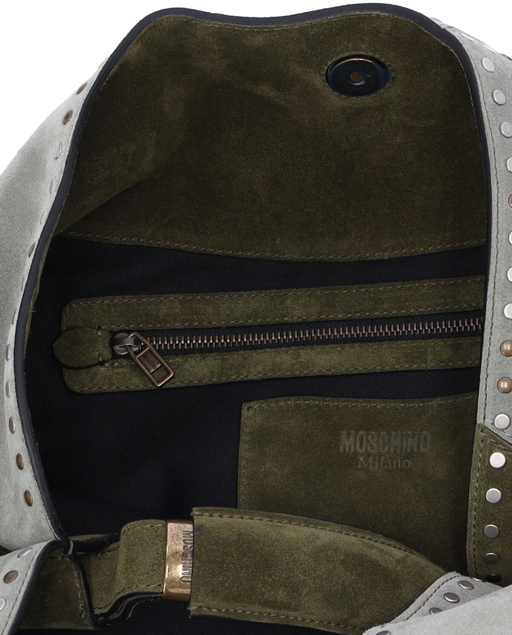 Moschino Green Patchwork Studded Leather Handbag Groen