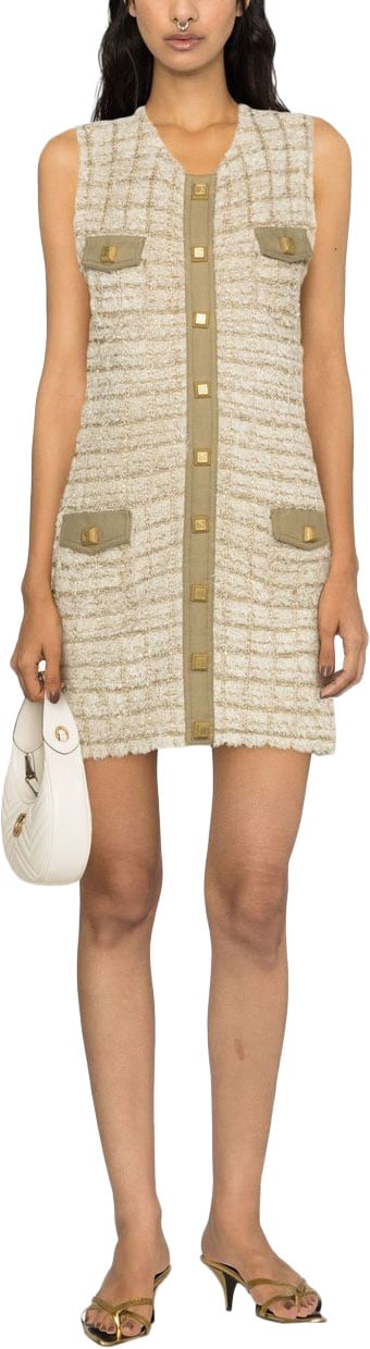 Balmain Checkered Tweed Short Sleeveless Mini Dress Neutraal