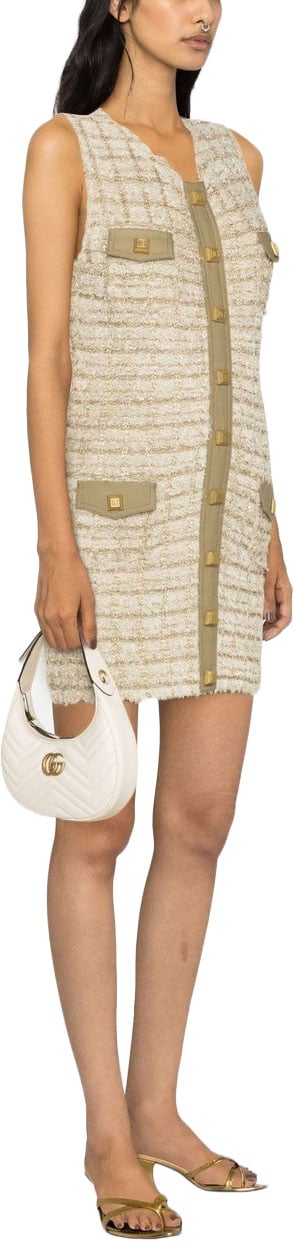 Balmain Checkered Tweed Short Sleeveless Mini Dress Neutraal