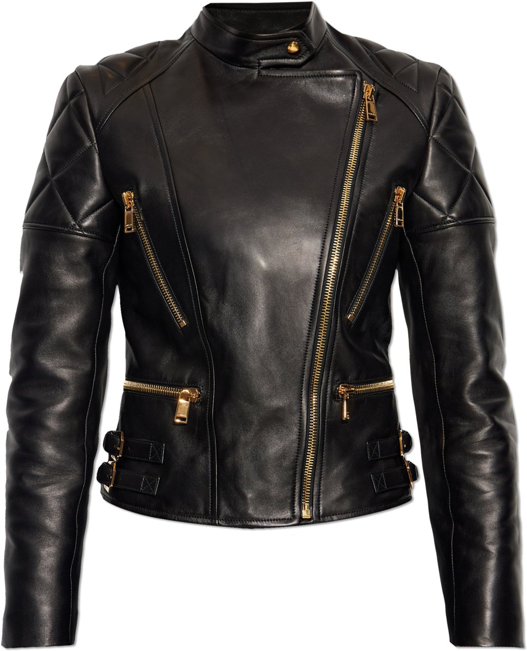 Versace Black Agnello Quilted Leather Biker Jacket Zwart