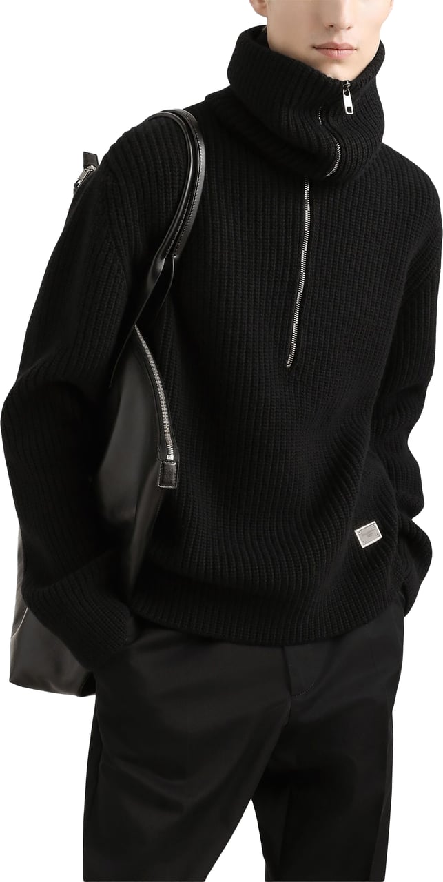 Dolce & Gabbana Black Ribbed Knit Half-Zip Wool Pullover Zwart