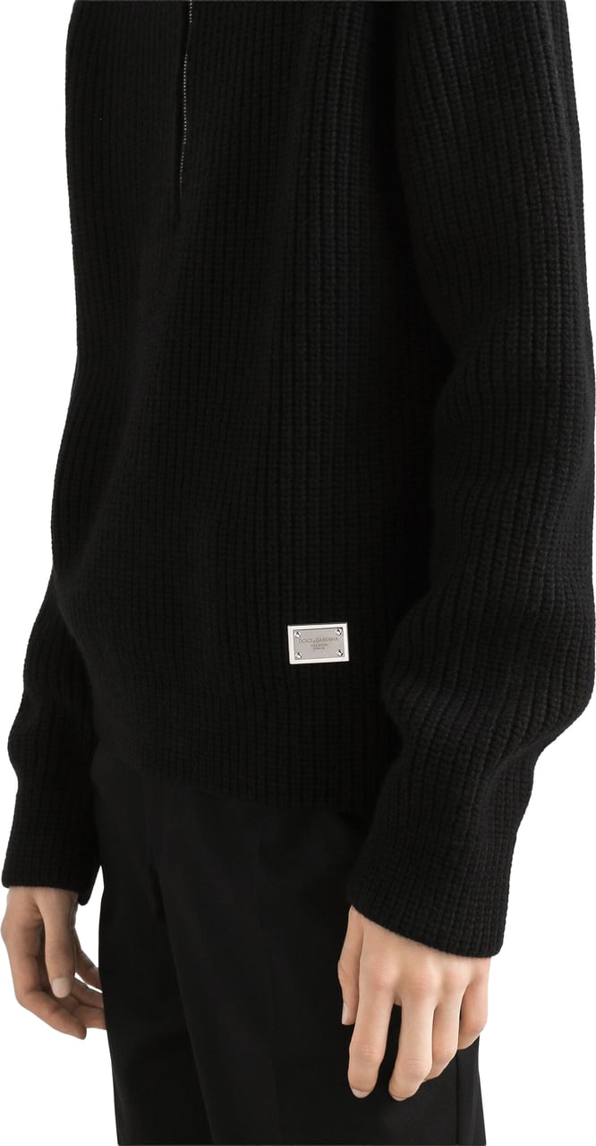 Dolce & Gabbana Black Ribbed Knit Half-Zip Wool Pullover Zwart
