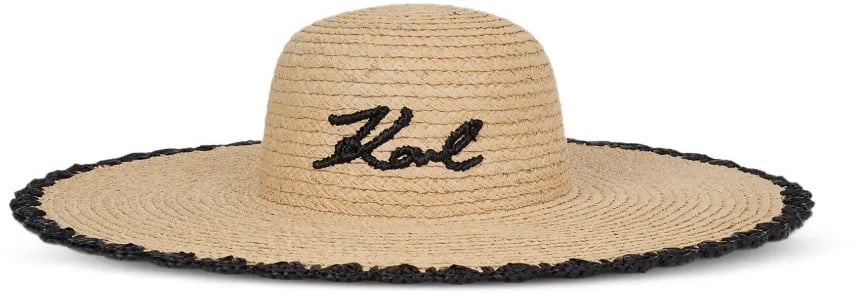 Karl Lagerfeld Wide-Brimmed Natural Straw Hat with Embroidered Signature Neutraal
