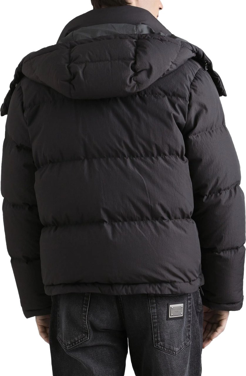 Dolce & Gabbana Black Boxy Cropped Padded Hooded Jacket Zwart
