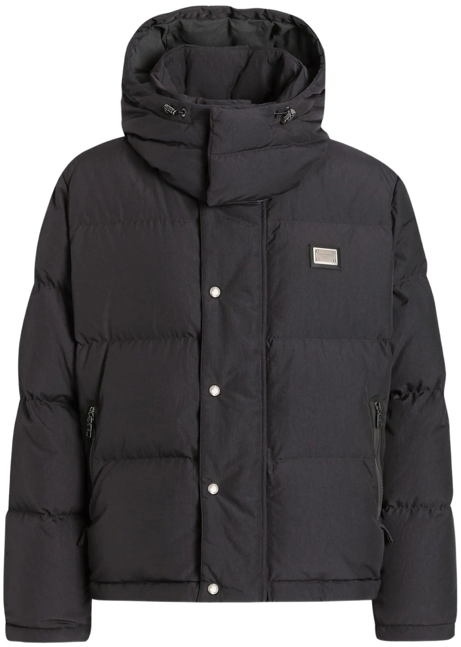 Dolce & Gabbana Black Boxy Cropped Padded Hooded Jacket Zwart