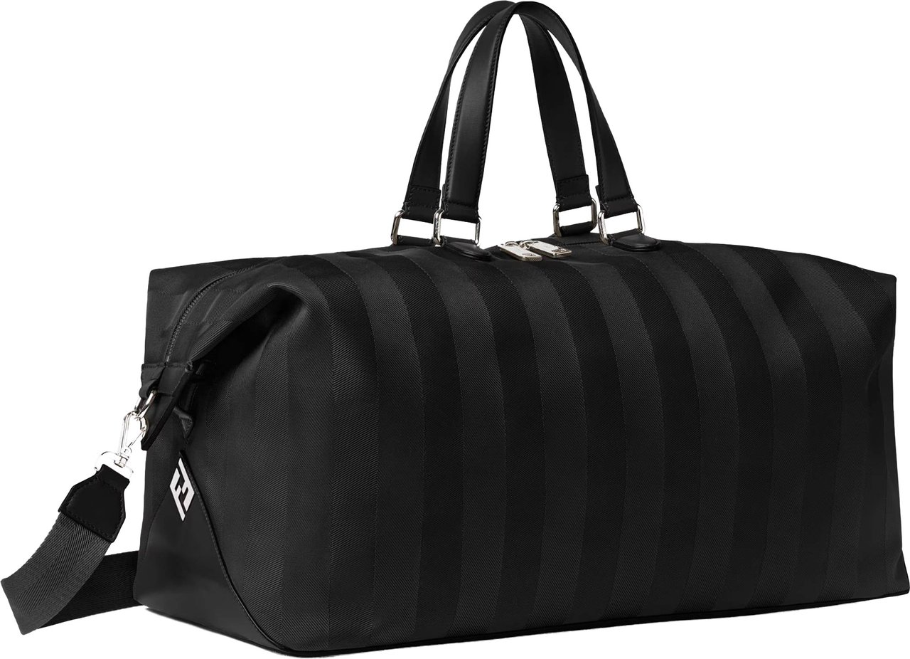 Fendi Matte Finish Black Duffle Bag with Striped Pattern and Silver Hardware Zwart