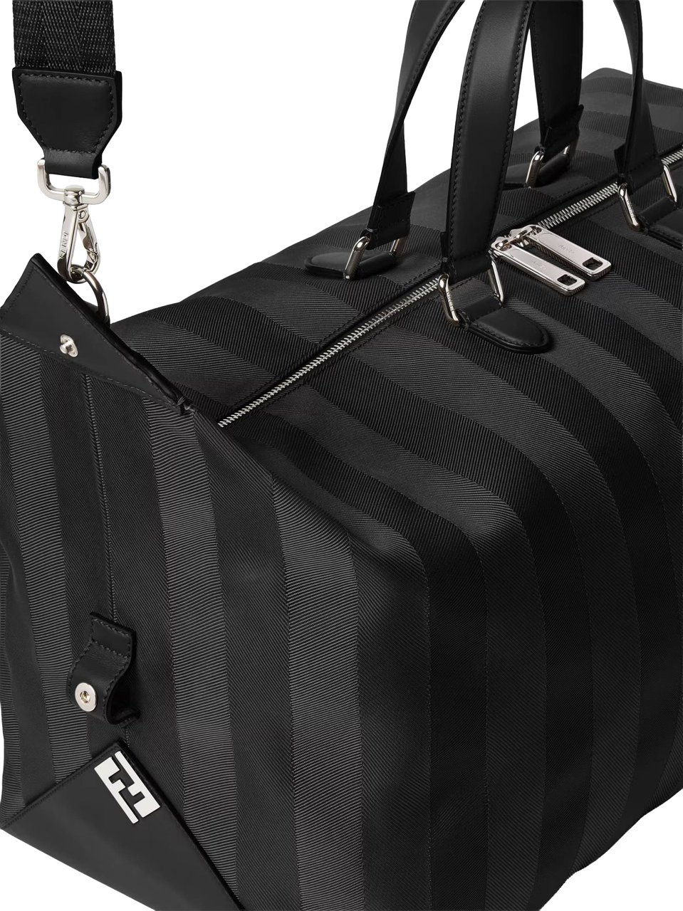 Fendi Matte Finish Black Duffle Bag with Striped Pattern and Silver Hardware Zwart