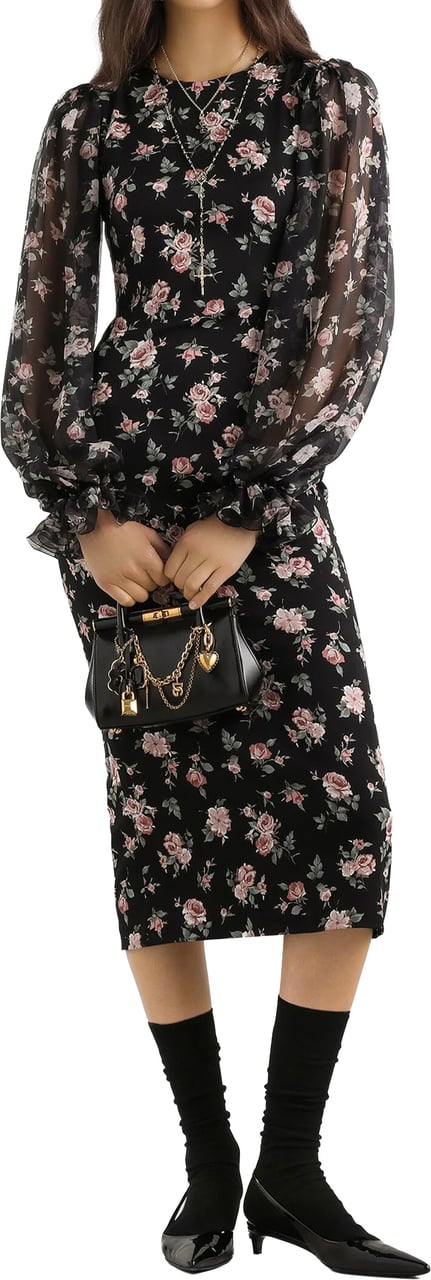 Dolce & Gabbana Fitted Midi Floral Print Silk Dress Zwart