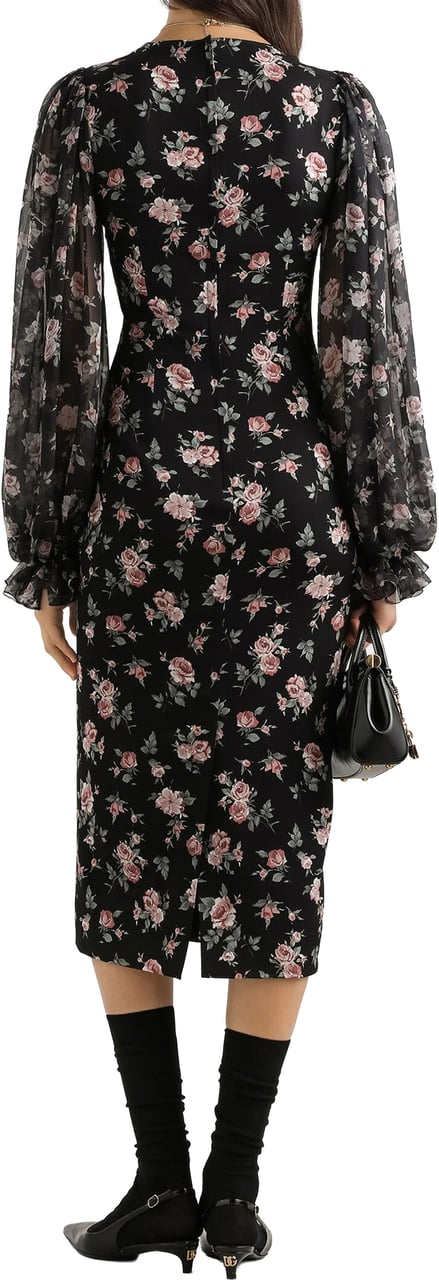 Dolce & Gabbana Fitted Midi Floral Print Silk Dress Zwart
