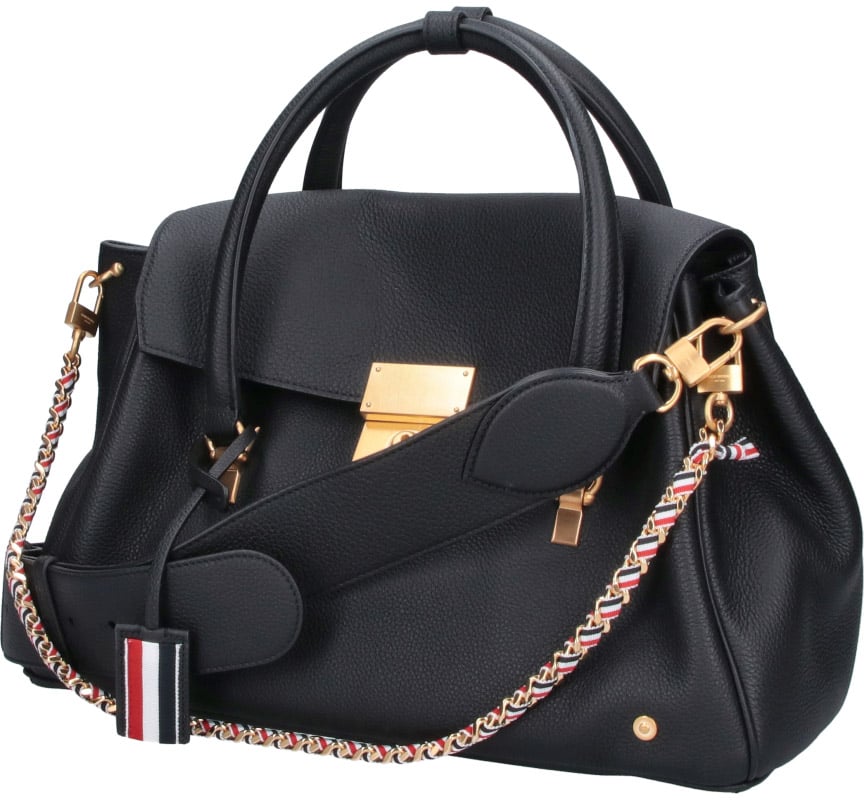 Thom Browne Black Bolton Structured Calf Leather Handbag Zwart