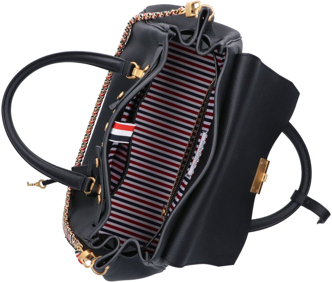 Thom Browne Black Bolton Structured Calf Leather Handbag Zwart