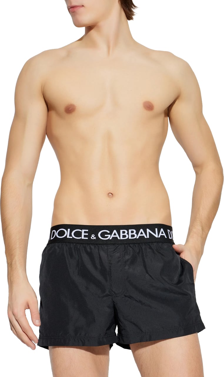 Dolce & Gabbana Black Fitted Logo Waistband Polyester Shorts Zwart