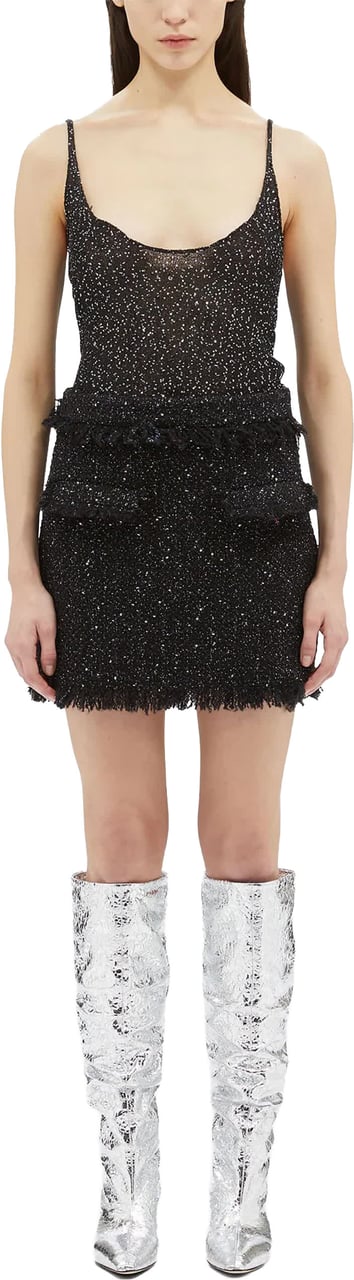 MSGM Black Textured Fringed Cotton Mini Skirt Zwart