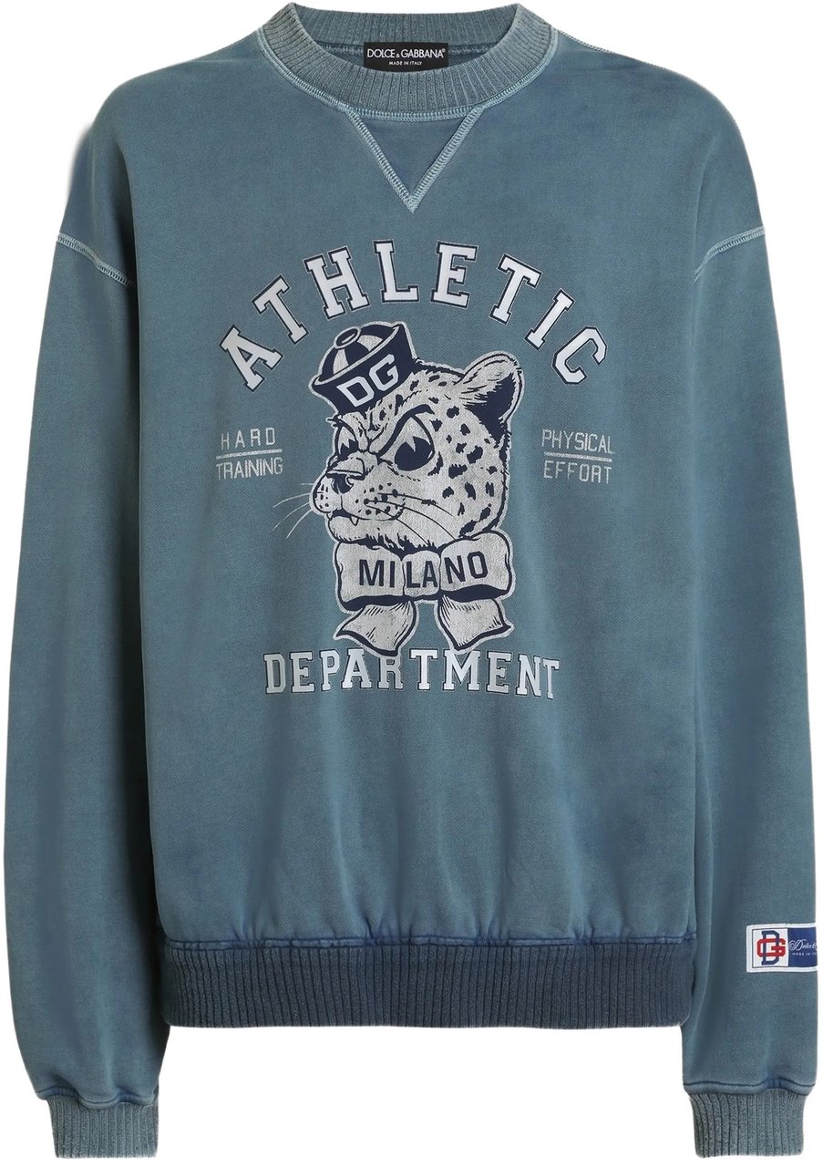 Dolce & Gabbana Washed Blue Relaxed Fit Leopard Sweatshirt Blauw