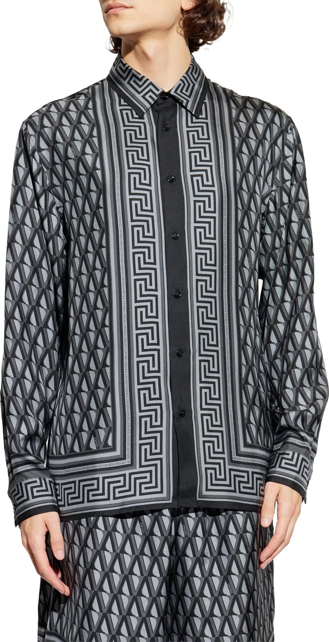 Versace Blue Geometric Greek Key Silk Shirt Grijs