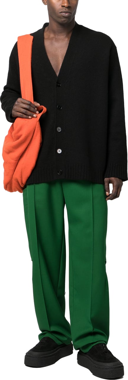 Jil Sander Black Boxy Wool Crew Neck Cardigan Zwart