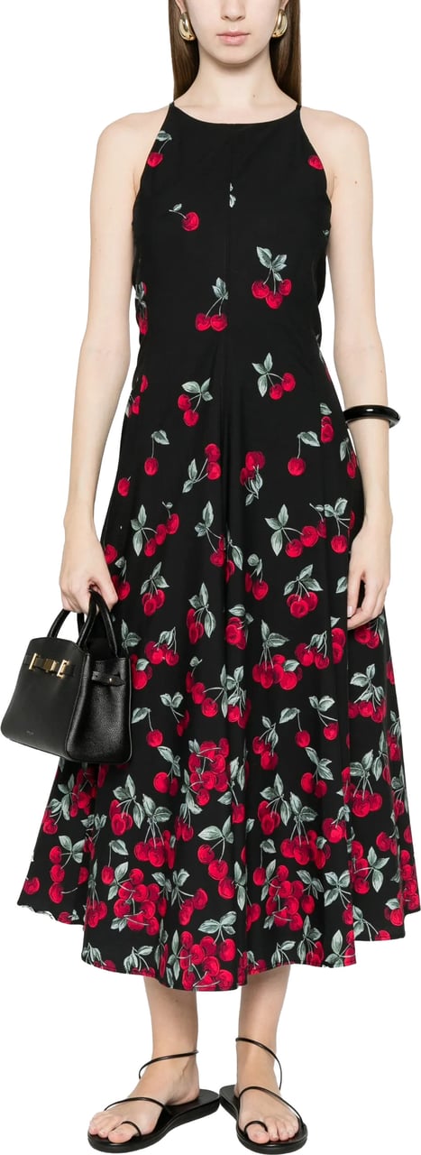 Twin-set Black Fitted Midi Cherry Print Dress Zwart
