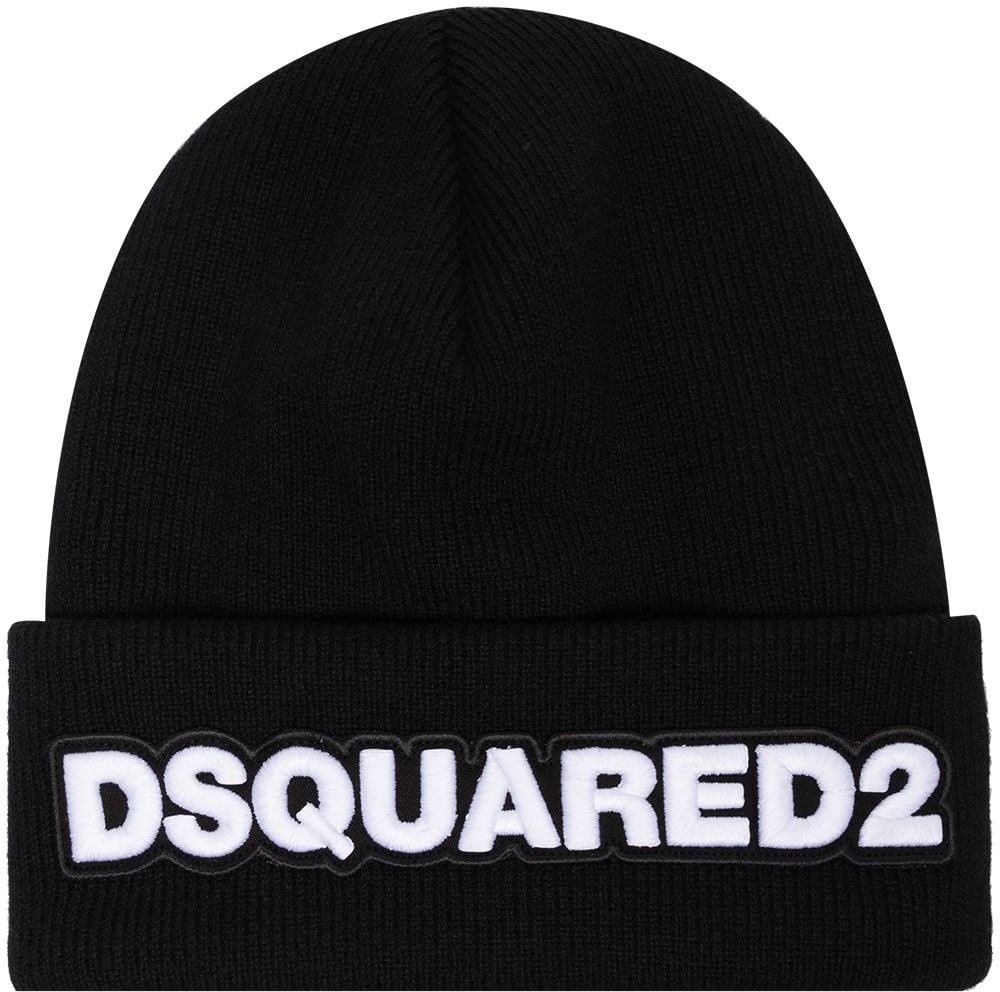 Dsquared2 Ribbed Knit Wool Folded Logo Hat Zwart