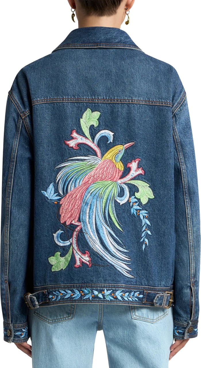 Etro Loose Fit Denim Embroidered Bird Jacket Groen