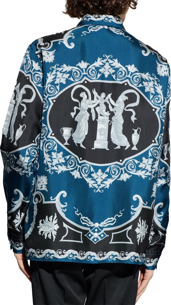 Versace Blue Baroque-Print Silk Long-Sleeve Shirt Zwart