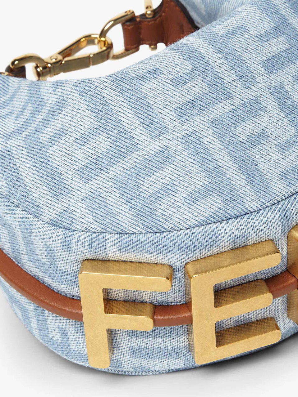Fendi Crescent-Shaped Handbag with Light Blue Monogram and Gold Hardware Grijs