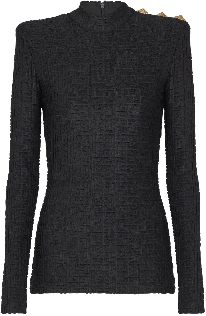 Balmain Fitted Long-Sleeved Textured Pattern Top Zwart