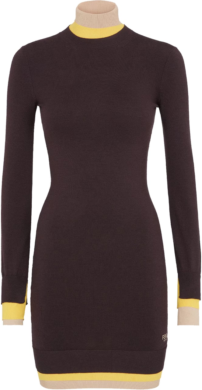 Fendi Dark Purple Wool Trompe-l'œil Ribbed Dress Zwart