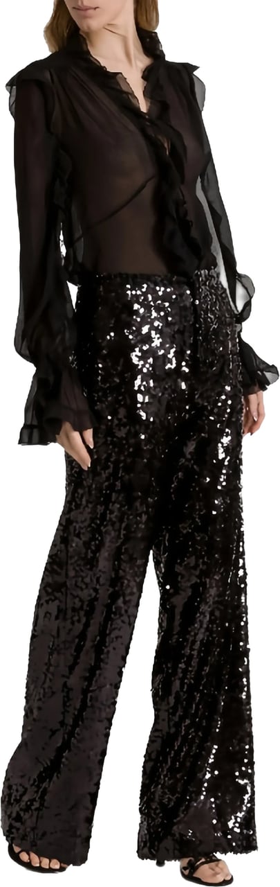Alberta Ferretti Black Pantalone Wide-Leg Sequin Polyester Pants Zwart