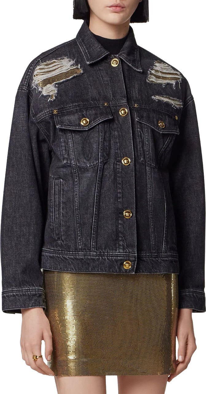 Versace Indigo Blouson Denim Vintage Distressed Jacket Zwart