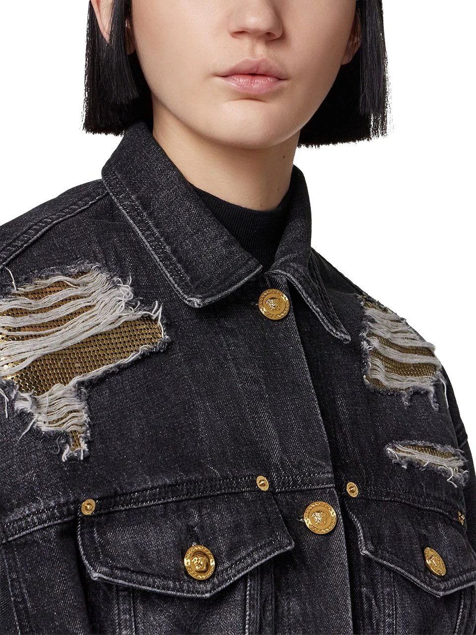 Versace Indigo Blouson Denim Vintage Distressed Jacket Zwart