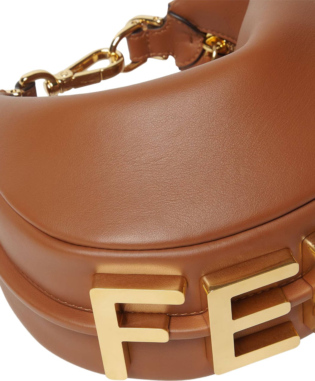 Fendi Crescent-Shaped Leather Handbag with Polished Finish and Bold Letter Embellishments Bruin