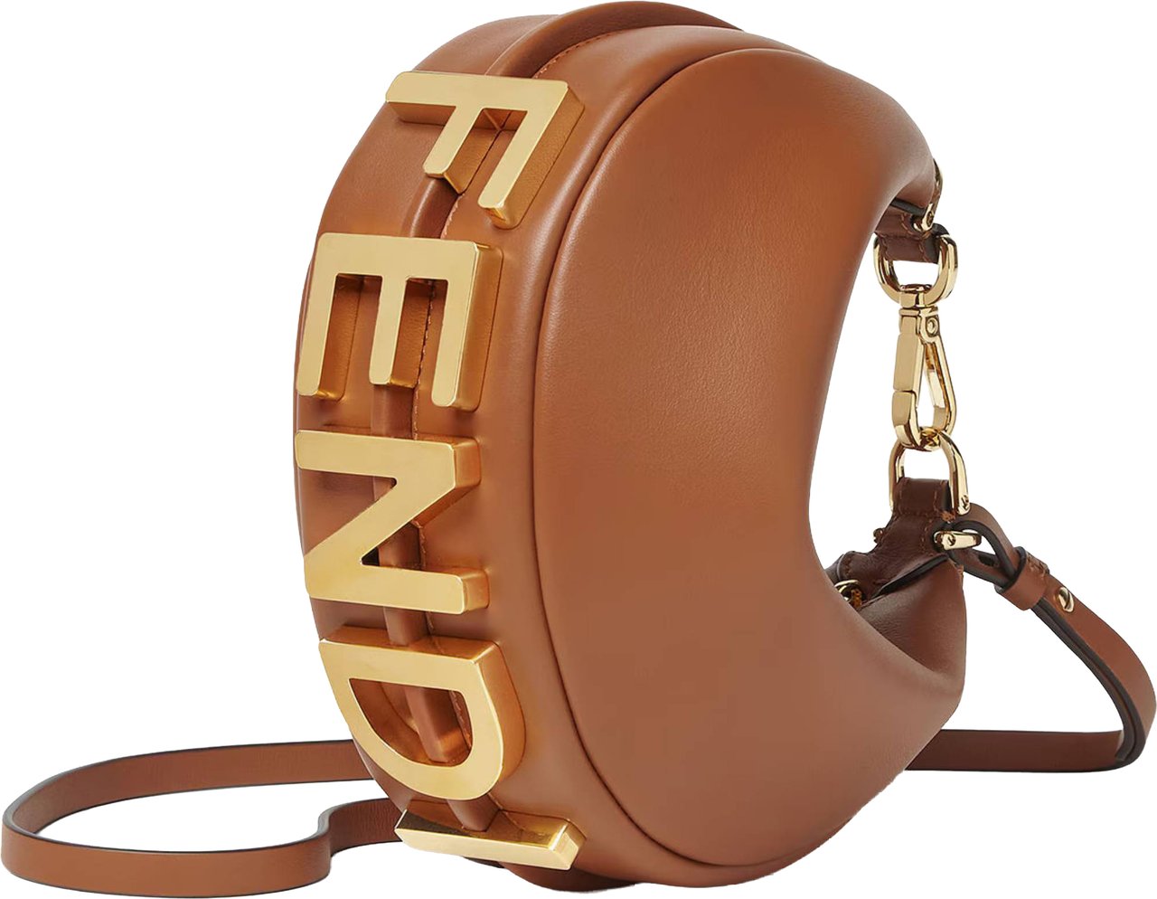 Fendi Crescent-Shaped Leather Handbag with Polished Finish and Bold Letter Embellishments Bruin