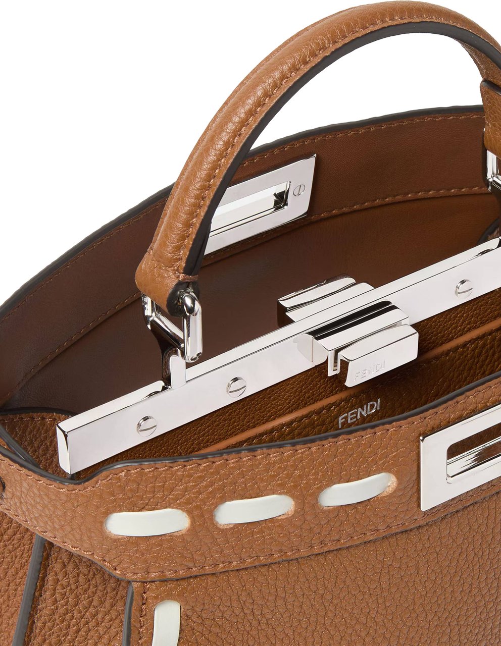 Fendi Trapezoidal Leather Handbag with Stitched Detailing and Silver-tone Closure Bruin